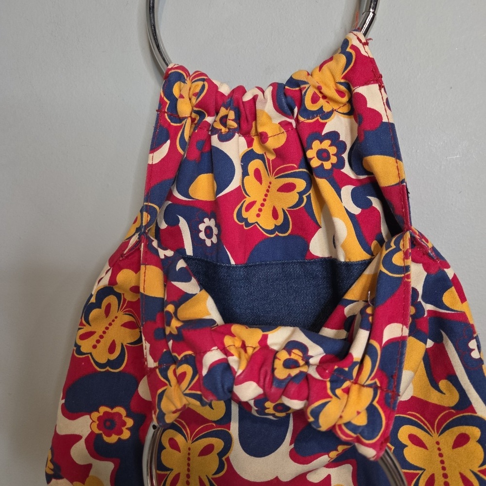 Vintage Floral Butterfly Ring Handle Handbag Retro Canvas Tote Bag Red Blue Gold - Picture 3 of 3